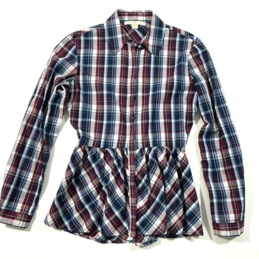 Boston Proper Womens Peplum Plaid Shirt Button Front Size 2